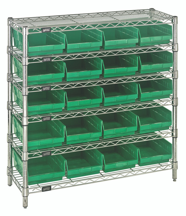 WR6-36-1236-107GN Bin Wire Shelving System, 36"W x 12"D x 36"H overall size, 800 lb. capacity per shelf, includes: (6) wire shelves, (4) posts, (20) QSB107 green bins, chrome plated finish