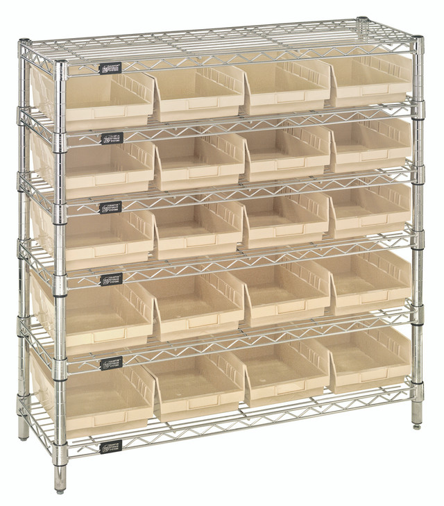 WR6-36-1236-107IV Bin Wire Shelving System, 36"W x 12"D x 36"H overall size, 800 lb. capacity per shelf, includes: (6) wire shelves, (4) posts, (20) QSB107 ivory bins, chrome plated finish