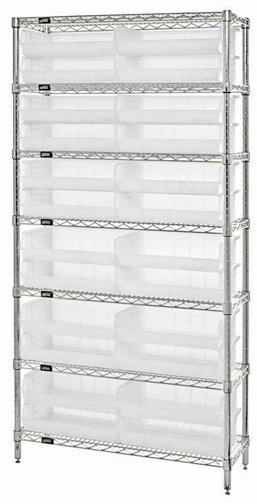 WR7-245CL Bin Wire Shelving System, 36"W x 12"D x 74"H overall size, 800 lb. capacity per shelf, includes: (7) wire shelves, (4) posts, and (24) QUS245 clear bins, chrome plated finish