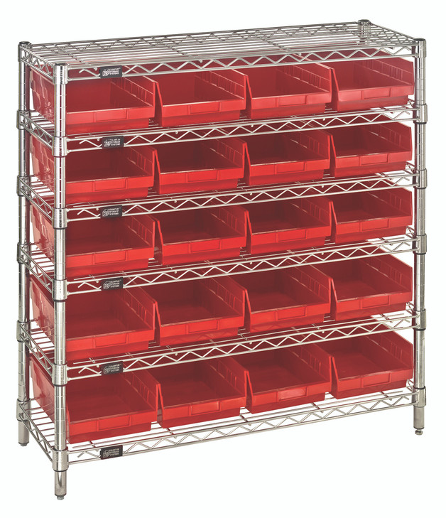 WR6-36-1236-107RD Bin Wire Shelving System, 36"W x 12"D x 36"H overall size, 800 lb. capacity per shelf, includes: (6) wire shelves, (4) posts, (20) QSB107 red bins, chrome plated finish