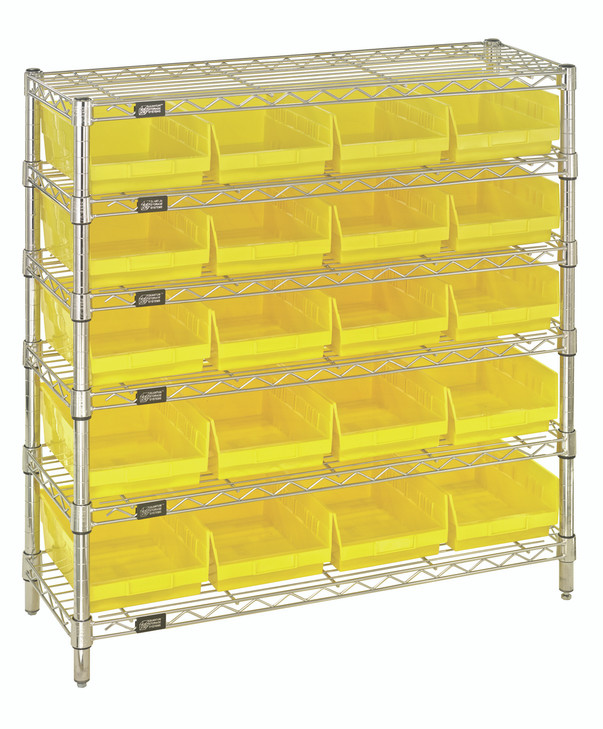 WR6-36-1236-107YL Bin Wire Shelving System, 36"W x 12"D x 36"H overall size, 800 lb. capacity per shelf, includes: (6) wire shelves, (4) posts, (20) QSB107 yellow bins, chrome plated finish