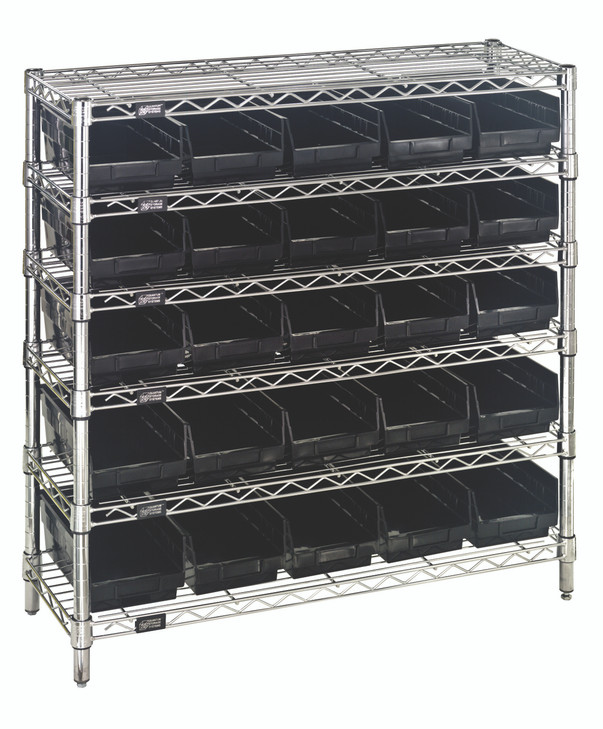WR6-36-1236-102BK Bin Wire Shelving System, 36"W x 12"D x 36"H overall size, 800 lb. capacity per shelf, includes: (6) wire shelves, (4) posts, (25) QSB102 black bins, chrome plated finish