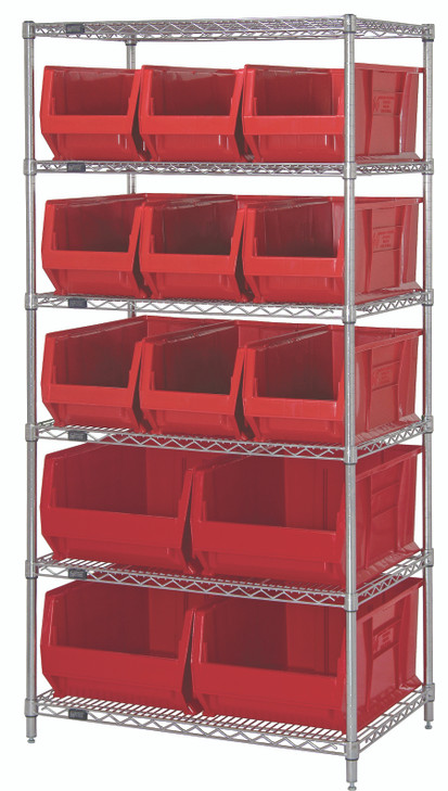 WR6-953954RD Bin Wire Shelving System, 36"W x 24"D x 74"H overall size, 800 lb. capacity per shelf, includes: (6) wire shelves, (4) posts, (9) QUS953 and (4) QUS954 red bins, chrome plated finish