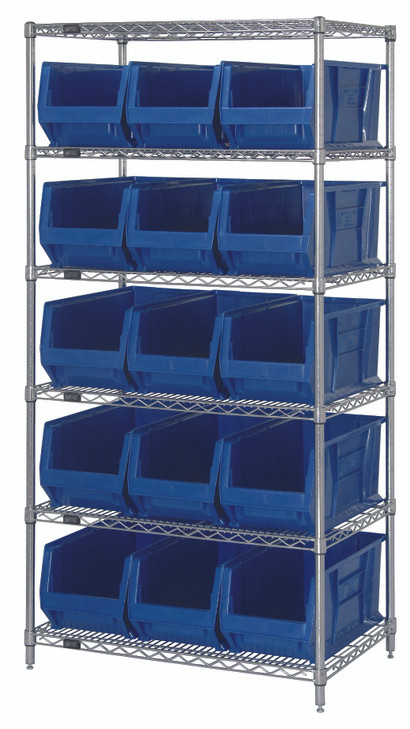 WR6-973BL Bin Wire Shelving System, 36"W x 30"D x 74"H overall size, 800 lb. capacity per shelf, includes: (6) wire shelves, (4) posts and (15) QUS973 blue bins, chrome plated finish