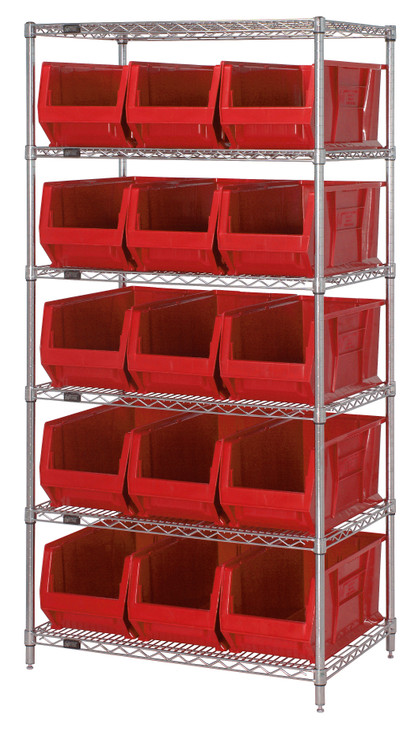 WR6-973RD Bin Wire Shelving System, 36"W x 30"D x 74"H overall size, 800 lb. capacity per shelf, includes: (6) wire shelves, (4) posts and (15) QUS973 red bins, chrome plated finish