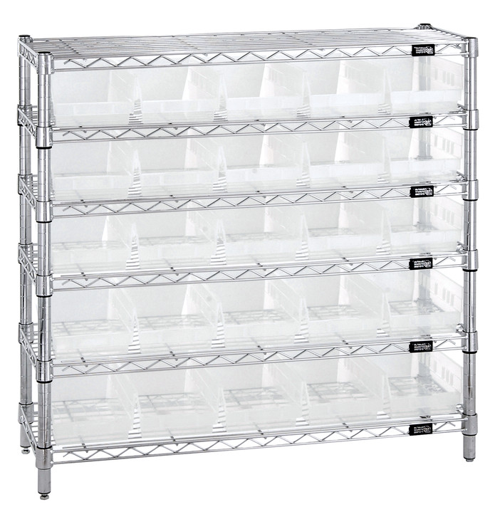 WR6-36-1236-102CL Bin Wire Shelving System, 36"W x 12"D x 36"H overall size, 800 lb. capacity per shelf, includes: (6) wire shelves, (4) posts, (25) QSB102 clear bins, chrome plated finish