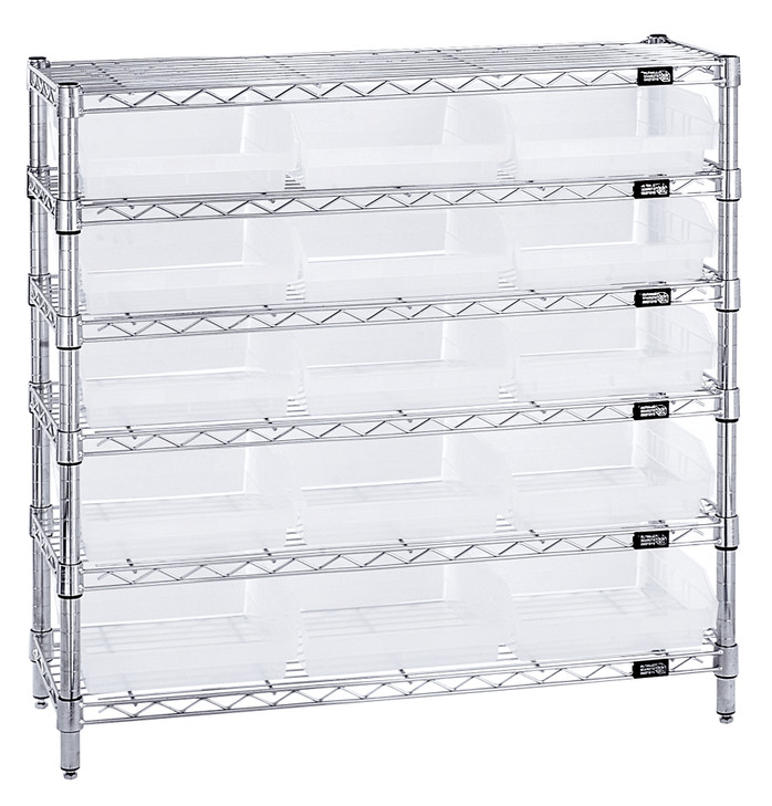 WR6-36-1236-109CL Bin Wire Shelving System, 36"W x 12"D x 36"H overall size, 800 lb. capacity per shelf, includes: (6) wire shelves, (4) posts, (15) QSB109 clear bins, chrome plated finish