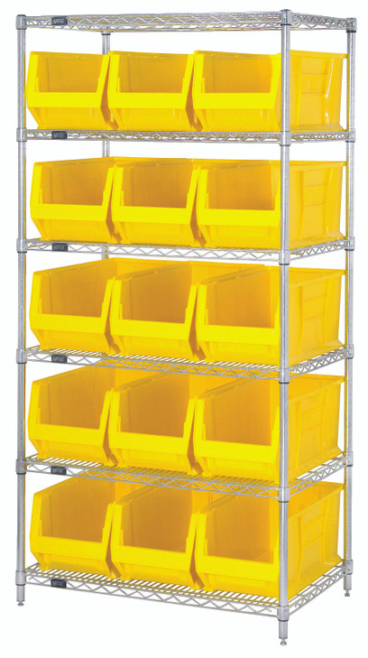 WR6-973YL Bin Wire Shelving System, 36"W x 30"D x 74"H overall size, 800 lb. capacity per shelf, includes: (6) wire shelves, (4) posts and (15) QUS973 yellow bins, chrome plated finish