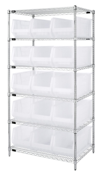 WR6-953CL Bin Wire Shelving System, 36"W x 24"D x 74"H overall size, 800 lb. capacity per shelf, includes: (6) wire shelves, (4) posts, and (15) QUS953 clear bins, chrome plated finish