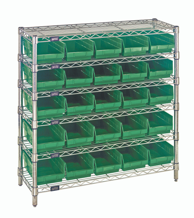 WR6-36-1236-102GN Bin Wire Shelving System, 36"W x 12"D x 36"H overall size, 800 lb. capacity per shelf, includes: (6) wire shelves, (4) posts, (25) QSB102 green bins, chrome plated finish