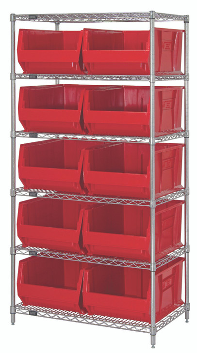 WR6-974RD Bin Wire Shelving System, 36"W x 30"D x 74"H overall size, 800 lb. capacity per shelf, includes: (6) wire shelves, (4) posts and (10) QUS974 red bins, chrome plated finish