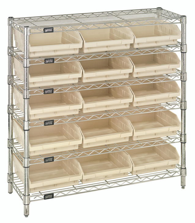 WR6-36-1236-109IV Bin Wire Shelving System, 36"W x 12"D x 36"H overall size, 800 lb. capacity per shelf, includes: (6) wire shelves, (4) posts, (15) QSB109 ivory bins, chrome plated finish