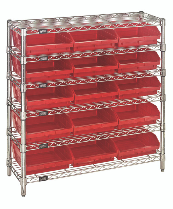 WR6-36-1236-109RD Bin Wire Shelving System, 36"W x 12"D x 36"H overall size, 800 lb. capacity per shelf, includes: (6) wire shelves, (4) posts, (15) QSB109 red bins, chrome plated finish