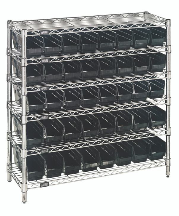 WR6-36-1236-101BK Bin Wire Shelving System, 36"W x 12"D x 36"H overall size, 800 lb. capacity per shelf, includes: (6) wire shelves, (4) posts, (40) QSB101 black bins, chrome plated finish