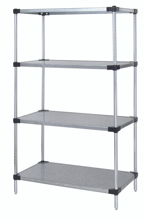 WR74-1830SG Solid Shelving Starter Kit, 30"W x 18"D x 74"H, 300 - 600 lb. capacity, includes (4) solid shelves and (4) posts, galvanized steel, NSF, shipped KD