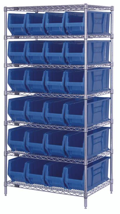 WR7-951BL Wire Shelving Container System, 36"W x 24"D x 74"H, 800 lb. capacity, includes: (7) wire shelves, (4) 74"H posts, and (24) QUS951 blue bins, chrome plated finish, shipped KD