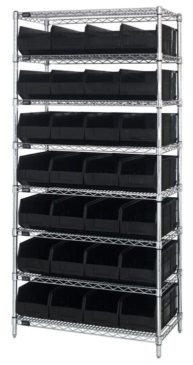 WR8-423BK Bin Wire Shelving System, 36"W x 12"D x 74"H, 800 lbs load capacity per shelf, includes: (8) shelves and (28) SSB423 black bins, chrome plated finish, shipped KD