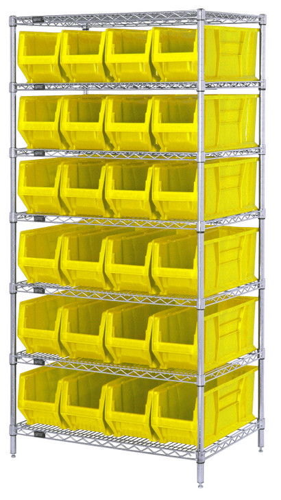 WR7-951YL Wire Shelving Container System, 36"W x 24"D x 74"H, 800 lb. capacity, includes: (7) wire shelves, (4) 74"H posts, and (24) QUS951 yellow bins, chrome plated finish, shipped KD
