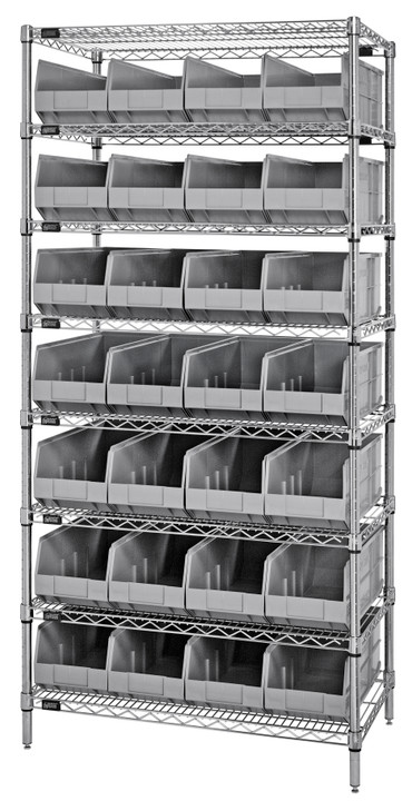 WR8-423GY Bin Wire Shelving System, 36"W x 12"D x 74"H, 800 lbs load capacity per shelf, includes: (8) shelves and (28) SSB423 gray bins, chrome plated finish, shipped KD
