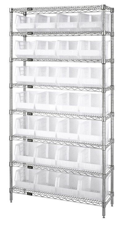 WR8-239CL Chrome Wire Shelving Unit 12"D x 36"W x 74"with 28 Bins