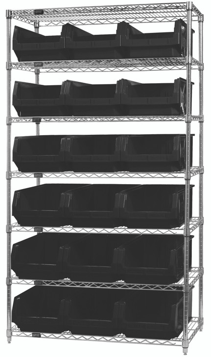 WR7-532BK Bin Wire Shelving System, 42"W x 18"D x 74"H, 800 lbs load capacity per shelf, includes: (7) shelves and (18) QMS532 black bins, chrome plated finish, shipped KD