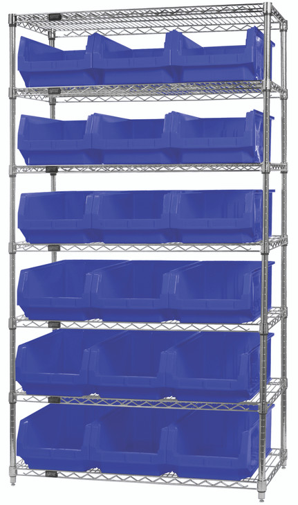 WR7-532BL Bin Wire Shelving System, 42"W x 18"D x 74"H, 800 lbs load capacity per shelf, includes: (7) shelves and (18) QMS532 blue bins, chrome plated finish, shipped KD