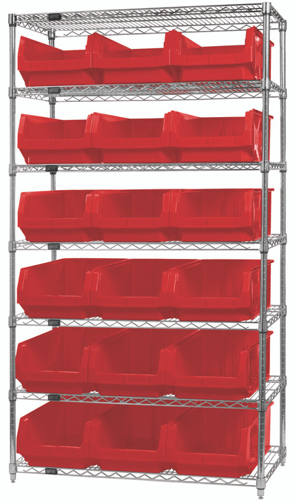 WR7-532RD Bin Wire Shelving System, 42"W x 18"D x 74"H, 800 lbs load capacity per shelf, includes: (7) shelves and (18) QMS532 red bins, chrome plated finish, shipped KD