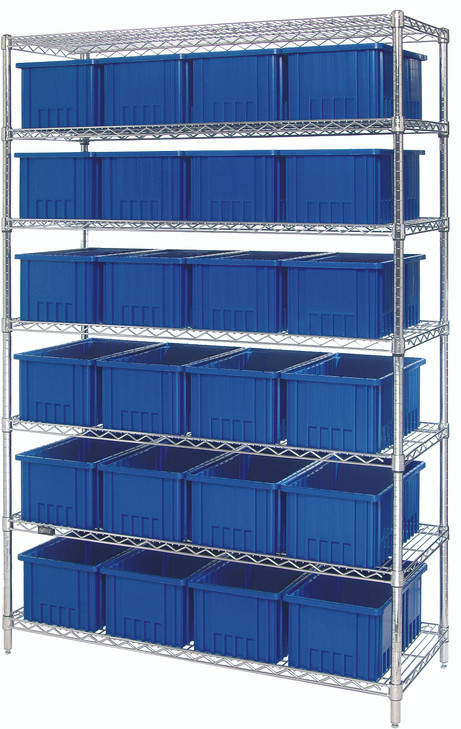 WR7-92080BL Bin Wire Shelving System, 48"W x 18"D x 74"H, 800 lbs load capacity per shelf, includes: (7) shelves and (24) DG92080 blue containers, chrome plated finish, shipped KD