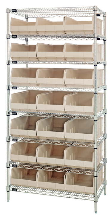 WR8-445IV Bin Wire Shelving System, 36"W x 14"D x 74"H, 800 lbs load capacity per shelf, includes: (8) shelves and (21) SSB445 ivory bins, chrome plated finish, shipped KD