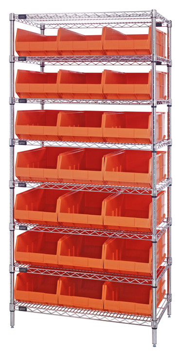 WR8-465OR Bin Wire Shelving System, 36"W x 18"D x 74"H, 800 lbs load capacity per shelf, includes: (8) shelves and (21) SSB465 orange bins, chrome plated finish, shipped KD