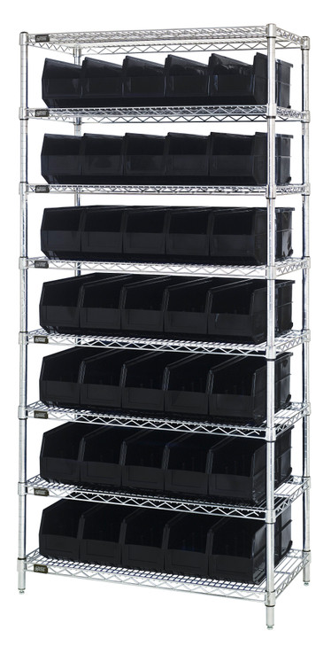 WR8-441BK Bin Wire Shelving System, 36"W x 14"D x 74"H, 800 lbs load capacity per shelf, includes: (8) shelves and (35) SSB441 black bins, chrome plated finish, shipped KD