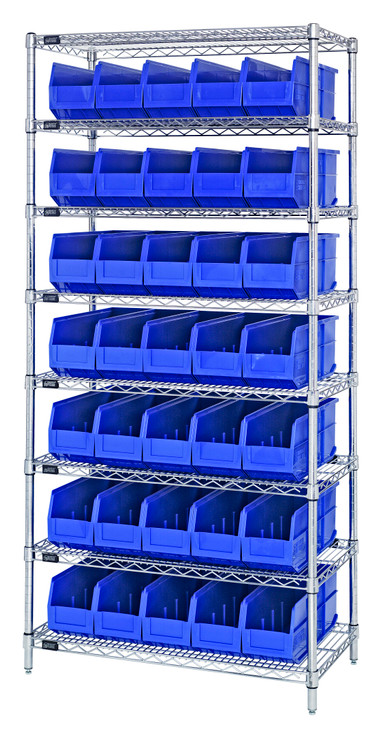 WR8-441BL Bin Wire Shelving System, 36"W x 14"D x 74"H, 800 lbs load capacity per shelf, includes: (8) shelves and (35) SSB441 blue bins, chrome plated finish, shipped KD