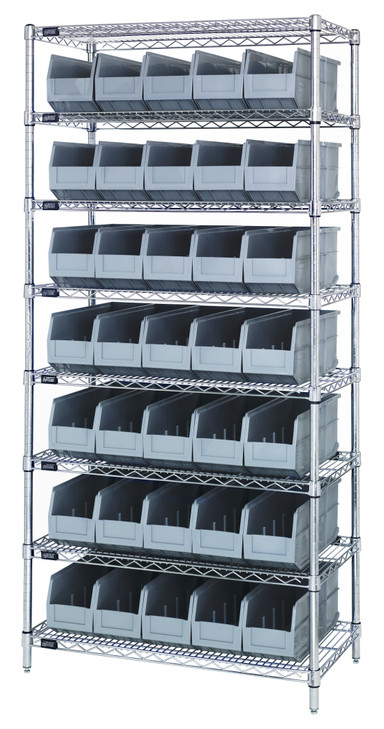 WR8-461GY Bin Wire Shelving System, 36"W x 18"D x 74"H, 800 lbs load capacity per shelf, includes: (8) shelves and (35) SSB461 gray bins, chrome plated finish, shipped KD