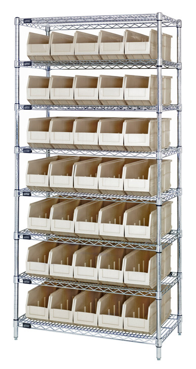 WR8-441IV Bin Wire Shelving System, 36"W x 14"D x 74"H, 800 lbs load capacity per shelf, includes: (8) shelves and (35) SSB441 ivory bins, chrome plated finish, shipped KD