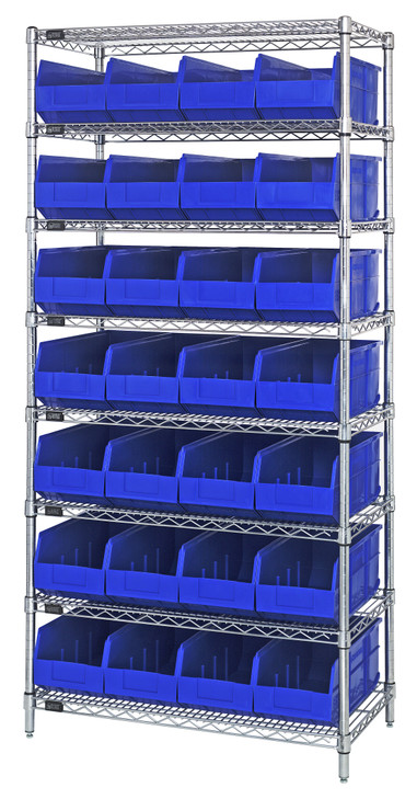 WR8-483BL Bin Wire Shelving System, 36"W x 21"D x 74"H, 800 lbs load capacity per shelf, includes: (8) shelves and (28) SSB483 blue bins, chrome plated finish, shipped KD