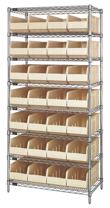 WR8-443IV Bin Wire Shelving System, 36"W x 14"D x 74"H, 800 lbs load capacity per shelf, includes: (8) shelves and (28) SSB443 ivory bins, chrome plated finish, shipped KD