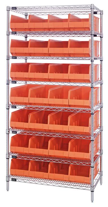 WR8-443OR Bin Wire Shelving System, 36"W x 14"D x 74"H, 800 lbs load capacity per shelf, includes: (8) shelves and (28) SSB443 orange bins, chrome plated finish, shipped KD