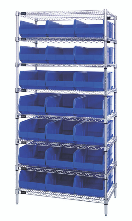 WR8-485BL Bin Wire Shelving System, 36"W x 21"D x 74"H, 800 lbs load capacity per shelf, includes: (8) shelves and (21) SSB485 blue bins, chrome plated finish, shipped KD