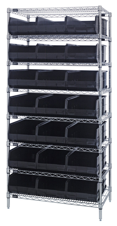 WR8-465BK Bin Wire Shelving System, 36"W x 18"D x 74"H, 800 lbs load capacity per shelf, includes: (8) shelves and (21) SSB465 black bins, chrome plated finish, shipped KD