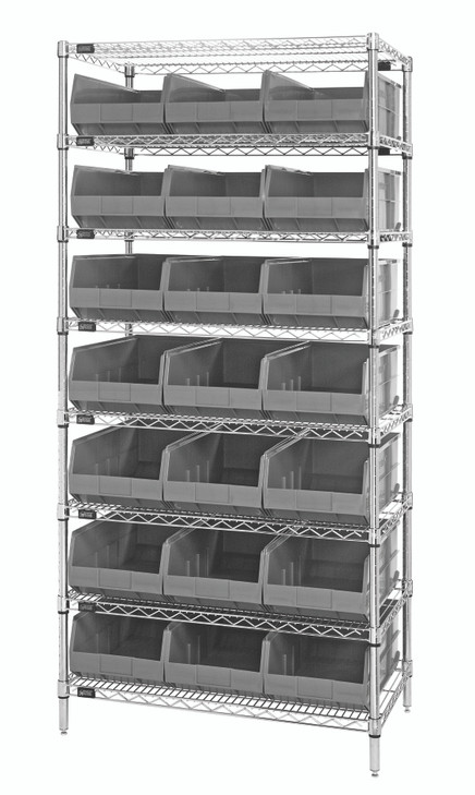 WR8-485GY Bin Wire Shelving System, 36"W x 21"D x 74"H, 800 lbs load capacity per shelf, includes: (8) shelves and (21) SSB485 gray bins, chrome plated finish, shipped KD