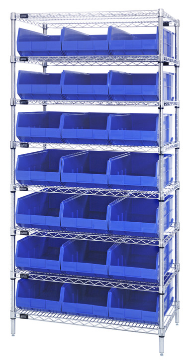 WR8-445BL Bin Wire Shelving System, 36"W x 14"D x 74"H, 800 lbs load capacity per shelf, includes: (8) shelves and (21) SSB445 blue bins, chrome plated finish, shipped KD