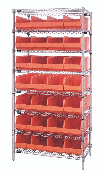 WR8-485OR Bin Wire Shelving System, 36"W x 21"D x 74"H, 800 lbs load capacity per shelf, includes: (8) shelves and (21) SSB485 orange bins, chrome plated finish, shipped KD
