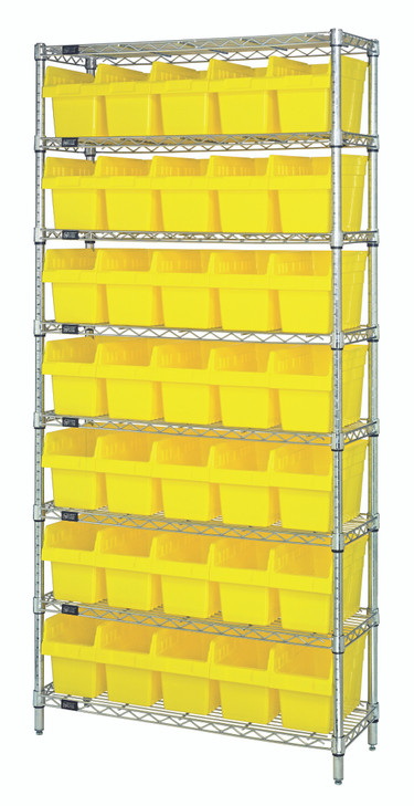 WR8-802YL Bin Wire Shelving System, 36"W x 12"D x 74"H overall size, 800 lb. capacity per shelf, includes: (8) wire shelves, (4) posts, and (35) QSB802 yellow bins, chrome plated finish