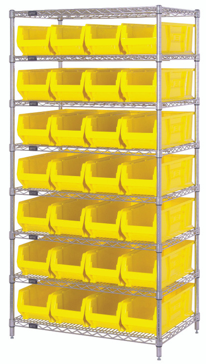WR8-950YL Bin Systems Unit, stationary, includes: (4) posts, (8) wire shelves & (28) 23-7/8"L x 8-1/4"W x 7"H yellow bins (QUS950), chrome plated finish, suitable for dry storage applications, shipped KD