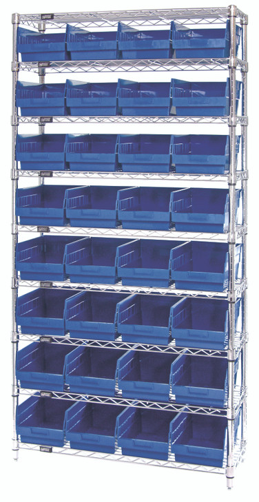 WR9-214BL Bin Wire Shelving System, 36"W x 24"D x 74"H overall size, 800 lb. capacity per shelf, includes: (9) wire shelves, (4) posts, and (32) QSB214 blue bins, chrome plated finish