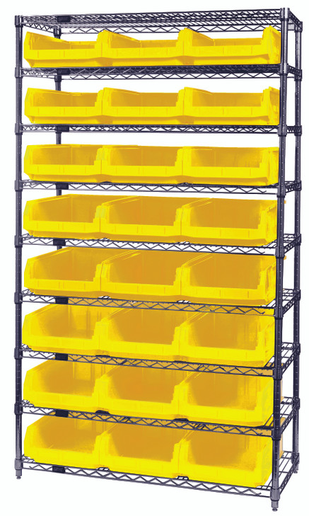 WR9-531YL Bin Wire Shelving System, 42"W x 18"D x 74"H overall size, 800 lb. capacity per shelf, includes: (9) wire shelves, (4) posts, and (24) QMS531 yellow bins, chrome plated finish
