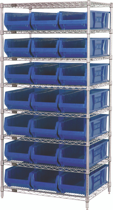WR8-952BL Bin Systems Unit, stationary, includes: (4) posts, (8) wire shelves & (21) 23-7/8"L x 11"W x 7"H blue bins (QUS952), chrome plated finish, suitable for dry storage applications, shipped KD