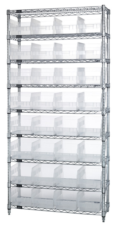 WR9-207CL Bin Wire Shelving System, 36"W x 12"D x 74"H overall size, 800 lb. capacity per shelf, includes: (9) wire shelves, (4) posts, and (32) QSB207 clear bins, chrome plated finish