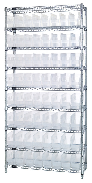 WR9-203CL Bin Wire Shelving System, 36"W x 18"D x 74"H overall size, 800 lb. capacity per shelf, includes: (9) wire shelves, (4) posts, and (64) QSB203 clear bins, chrome plated finish