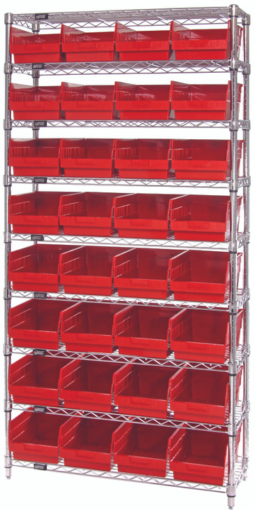 WR9-207RD Bin Wire Shelving System, 36"W x 12"D x 74"H overall size, 800 lb. capacity per shelf, includes: (9) wire shelves, (4) posts, and (32) QSB207 red bins, chrome plated finish